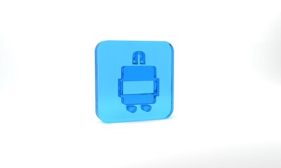 Blue Suitcase for travel icon isolated on grey background. Traveling baggage sign. Travel luggage icon. Glass square button. 3d illustration 3D render