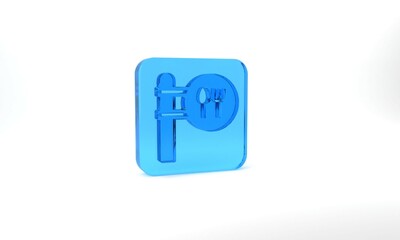 Obraz na płótnie Canvas Blue Cafe and restaurant location icon isolated on grey background. Fork and spoon eatery sign inside pinpoint. Glass square button. 3d illustration 3D render.