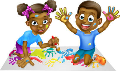 Naklejka premium Cartoon happy black boy and girl having fun painting pictures 