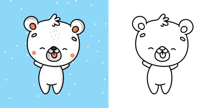 Set Clipart Bear Coloring Page and Colored Illustration. Clip Art Kawaii Polar Bear. Vector Illustration of a Kawaii Animal for Coloring Pages, Prints for Clothes, Stickers, Baby Shower.
