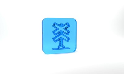 Fototapeta premium Blue Railroad crossing icon isolated on grey background. Railway sign. Glass square button. 3d illustration 3D render
