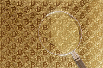 Wall of golden bitcoins and a magnifying glass. Illustration of the concept of analyzing cryptocurrency investment