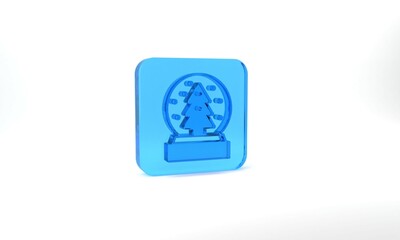 Blue Christmas snow globe with fallen snow and christmas tree icon isolated on grey background. Merry Christmas and Happy New Year. Glass square button. 3d illustration 3D render