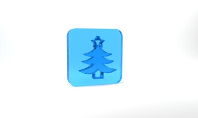 Blue Christmas tree icon isolated on grey background. Merry Christmas and Happy New Year. Glass square button. 3d illustration 3D render