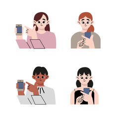 People are pointing on smartphone and looking at their phones. Vector style design illustration isolated on white background