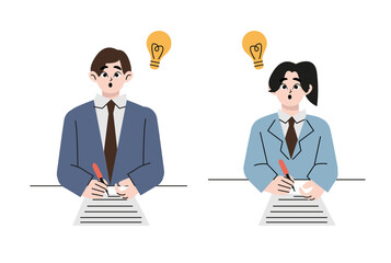 Illustration of the smart woman and man taking a test. Vector style design illustration isolated on white background