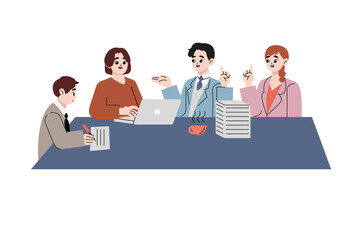 Workers are sitting at the negotiating table, collective thinking and brainstorming, company information analytics. Vector style design illustration isolated on white background