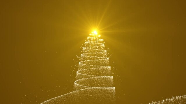 2023 and Christmas tree of lights stars particles emerging at gold background. Merry Christmas and Happy New Year concepts.