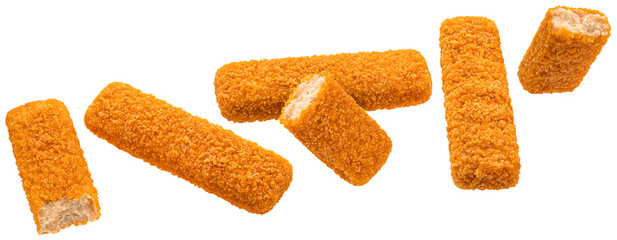 Fish fingers isolated, fishcake sticks on white background