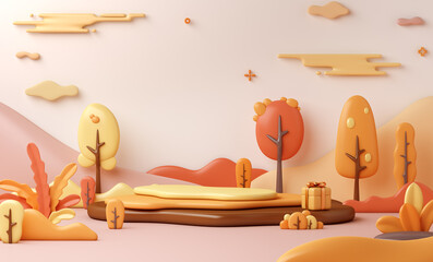 Autumn display podium decoration background with orange leaves, trees, gift box, product display mock up, 3d rendering illustration