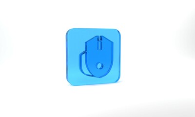 Blue Computer mouse gaming icon isolated on grey background. Optical with wheel symbol. Glass square button. 3d illustration 3D render