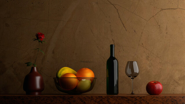 still life of fruit and wine, 3d rendering