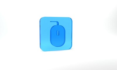 Blue Computer mouse gaming icon isolated on grey background. Optical with wheel symbol. Glass square button. 3d illustration 3D render