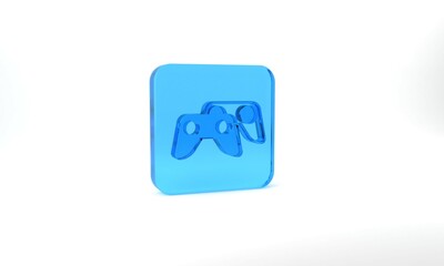 Blue Game controller or joystick for game console icon isolated on grey background. Glass square button. 3d illustration 3D render