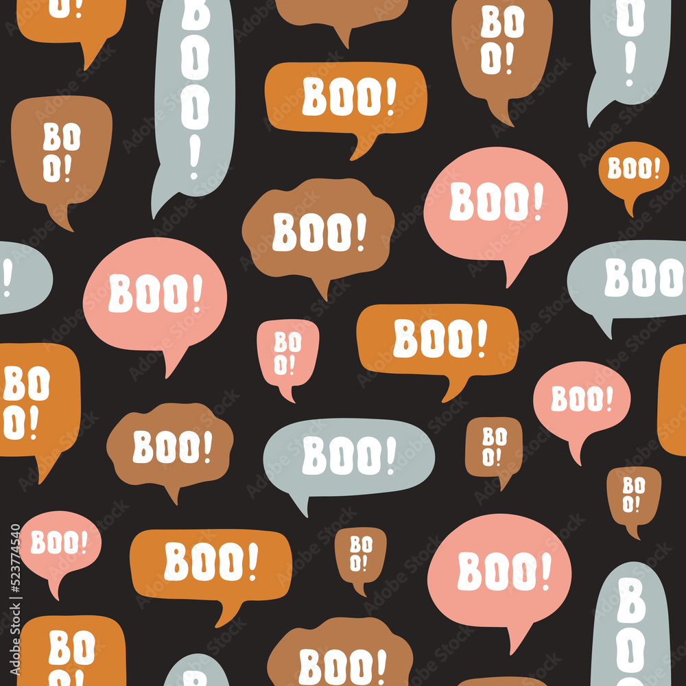 Aufkleber abstract seamless pattern with colorful halloween design of bright speech bubble and word boo on bla