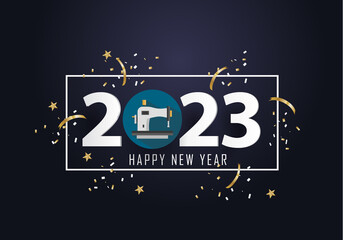 Happy new year 2023. Year 2023 with sewing machine icon
