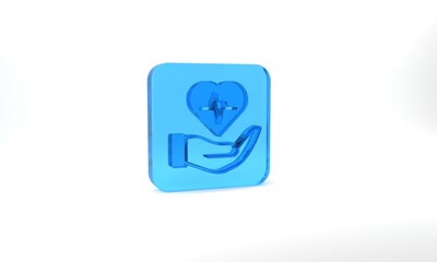 Blue Life insurance in hand icon isolated on grey background. Security, safety, protection, protect concept. Glass square button. 3d illustration 3D render