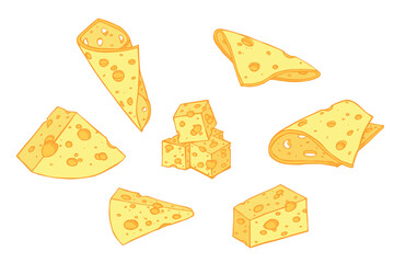Hand drawn set of cheese parts and slices isolated on a white background. Cheese icon. Vector cheese clipart