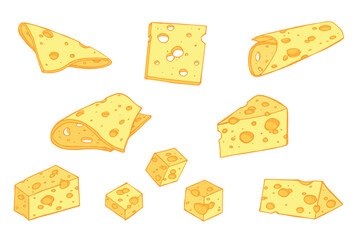Hand drawn set of cheese parts and slices isolated on a white background. Cheese icon. Vector cheese clipart