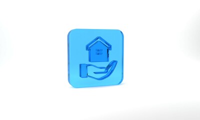 Blue House in hand icon isolated on grey background. Insurance concept. Security, safety, protection, protect concept. Glass square button. 3d illustration 3D render