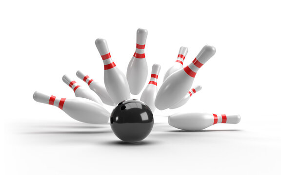 Black Bowling Ball crashing into the pins. Illustration of bowling strike isolated on white background.