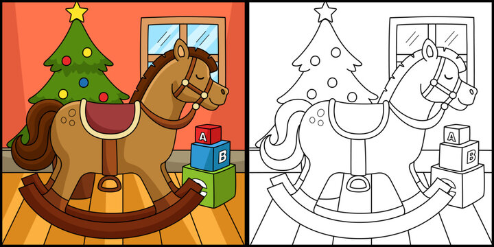 Christmas Rocking Horse Coloring Page Illustration