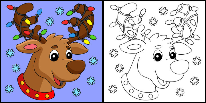 Christmas Reindeer Head Coloring Page Illustration