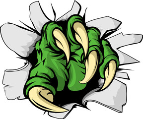 An illustration of a green monster claw ripping or tearing through a hole