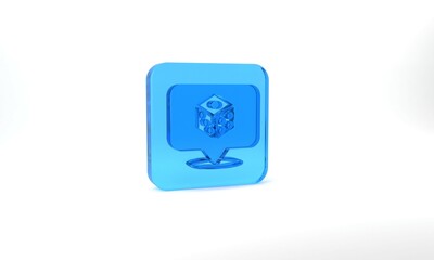 Blue Game dice icon isolated on grey background. Casino gambling. Glass square button. 3d illustration 3D render