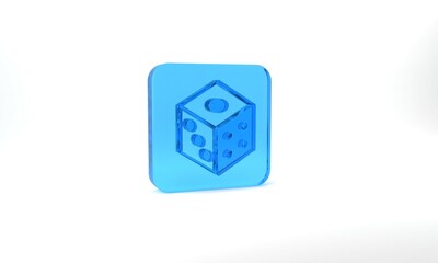 Blue Game dice icon isolated on grey background. Casino gambling. Glass square button. 3d illustration 3D render