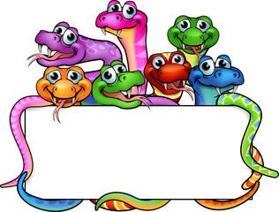 Naklejka premium A cartoon snakes sign with cute friendly snake characters