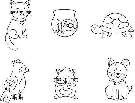 Set of cute pets in cartoon style. Coloring page for kids.