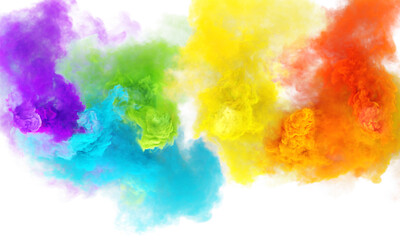 Fototapeta na wymiar Magic smoke puffs of rainbow colors in white background