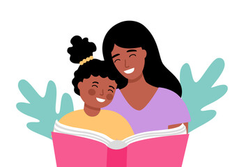 African mother and daughter reading book together in flat design on white background.