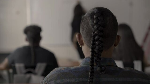 Native American male student 's head in focus while teacher talks and writes in the background.