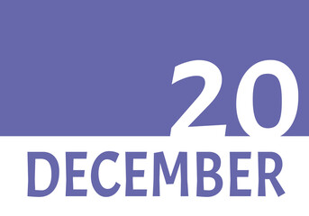 20 december calendar date with copy space. Very Peri background and white numbers. Trending color for 2022.