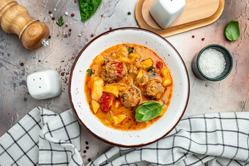 vegetable soup with stewed vegetables and meat, banner, menu, recipe place for text, top view