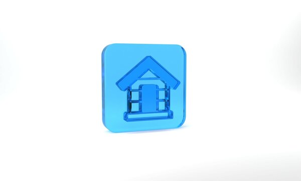 Blue Dog house icon isolated on grey background. Dog kennel. Glass square button. 3d illustration 3D render