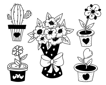 Collection of indoor plants, flowerpots and cactus, large bouquet of flowers in romantic package with hearts and bow. Vector illustration. Isolated decorative hand drawn doodles