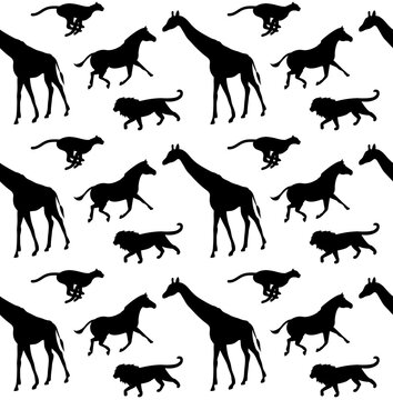 Vector seamless pattern of hand drawn flat African animals silhouette isolated on white background