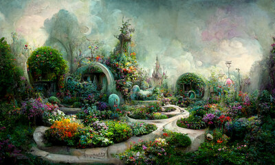  surreal fantasy dream world fairytale background, digital illustration - 523779128