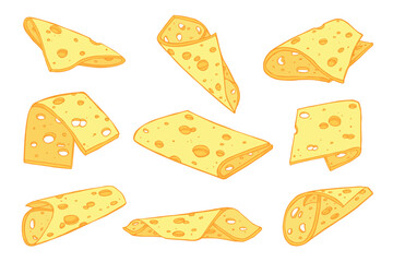 Hand drawn set of cheese parts and slices isolated on a white background. Cheese icon. Vector cheese clipart