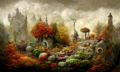 fantasy dreamland  world,  fairytale background, lush vegetation, digital illustration - obrazy, fototapety, plakaty