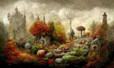 Tuinposter fantasie dromenland wereld, sprookjesachtige achtergrond, weelderige vegetatie, digitale illustratie © Coka