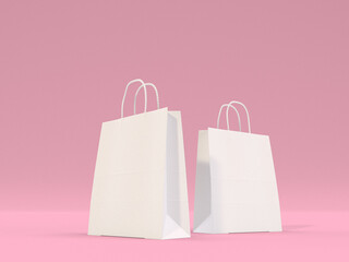 Maqueta de bolsa de papel blancosobre fondo de fotografía rosa. Imagen realista de la bolsa de compras para incluir tu logo o tu diseño. Render 3D