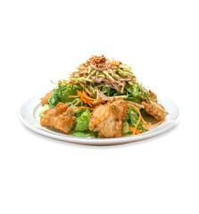 Fried fish with spicy herbs salad die cut on white isolated