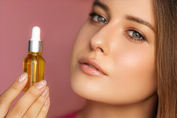 Beauty, makeup and skincare cosmetics model face portrait, woman holding skin care cosmetic...