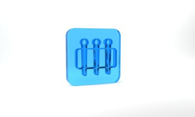 Blue Needle for sewing icon isolated on grey background. Tailor symbol. Textile sew up craft sign. Embroidery tool. Glass square button. 3d illustration 3D render