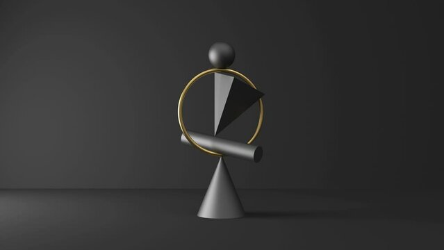 Balancing black geometric shapes with golden ring abstract background. 4K Loop Animation