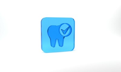 Blue Tooth icon isolated on grey background. Tooth symbol for dentistry clinic or dentist medical center and toothpaste package. Glass square button. 3d illustration 3D render